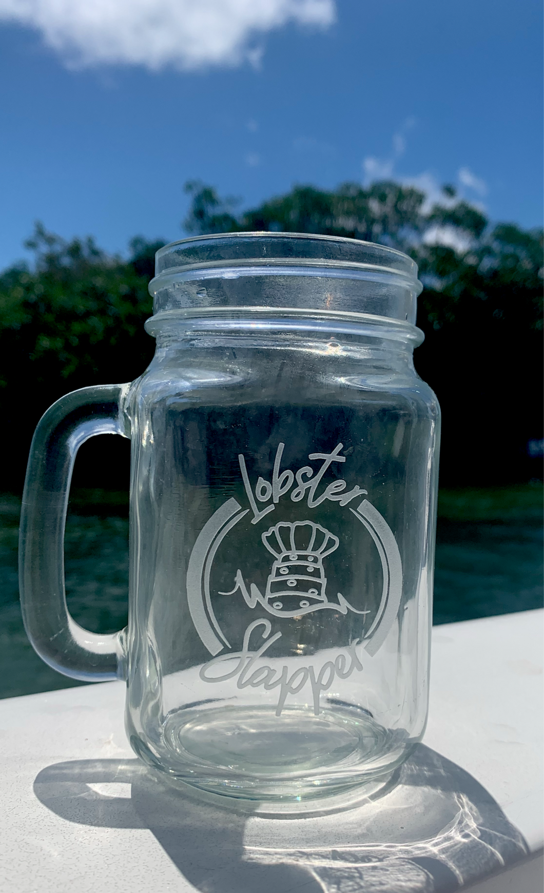 Lobster Slapper Logo Etched Glass Mason Jar